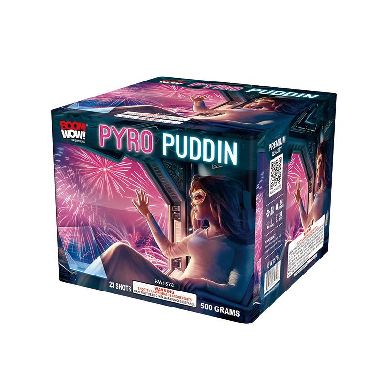 BW1578 - Pyro Puddin 23 Shots 500G A co-brand product by Robert and Misty from Pyronation & Boomwow Fireworks